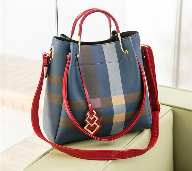 Classic Plaid Stripe Tote Small Plaid Bucket Women Split Leather Handbags Ladies Messenger Bags